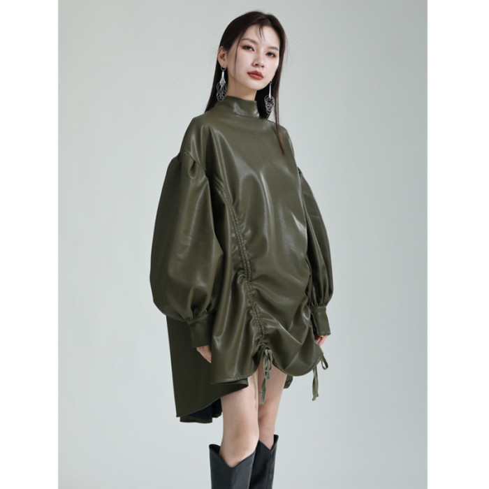 [EAM] Women Green Pu Leather Drawstring Big Size T-shirt New Turtleneck Long Sleeve Fashion Tide Spring Autumn 2024 1DH1358