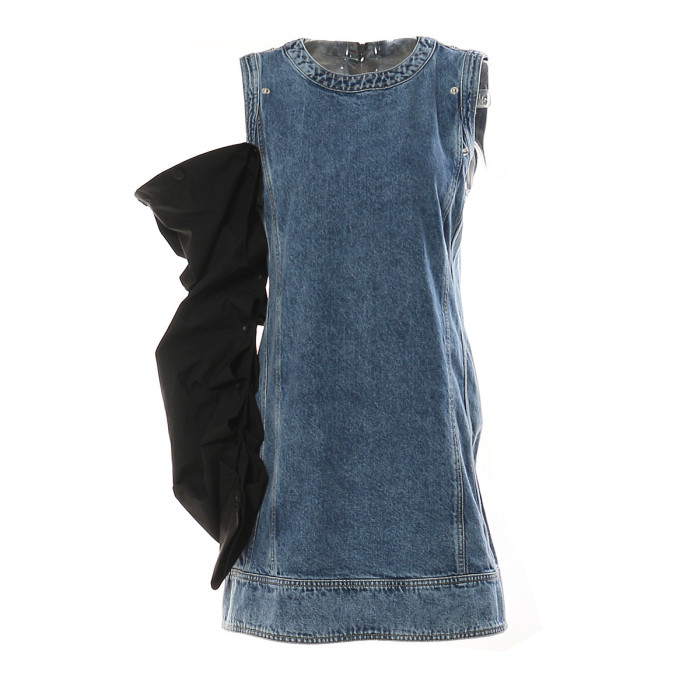 DEAT Fashion Women Denim Dress O-neck Detachable Pile Up Sleeve Contrast Color Zipper Slim Mini Dresses Summer 2024 New 17A8518