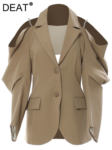 DEAT Fashion Women's Blazer Notched Single Breasted Shoulder Hollow Out Chain Design Suit Jackets Tide Spring 2024 New 17A2638