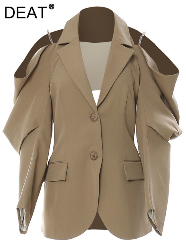 DEAT Fashion Women's Blazer Notched Single Breasted Shoulder Hollow Out Chain Design Suit Jackets Tide Spring 2024 New 17A2638