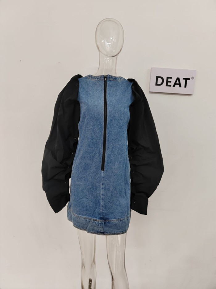 DEAT Fashion Women Denim Dress O-neck Detachable Pile Up Sleeve Contrast Color Zipper Slim Mini Dresses Summer 2024 New 17A8518