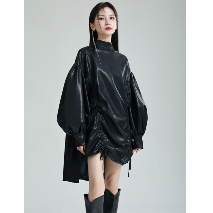 [EAM] Women Green Pu Leather Drawstring Big Size T-shirt New Turtleneck Long Sleeve Fashion Tide Spring Autumn 2024 1DH1358