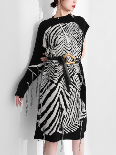 Fashion Women's Knitted Dress O-neck Single Sleeve Asymmetric Tassel Decorate Ankle-length Dresses Autumn  SG592
