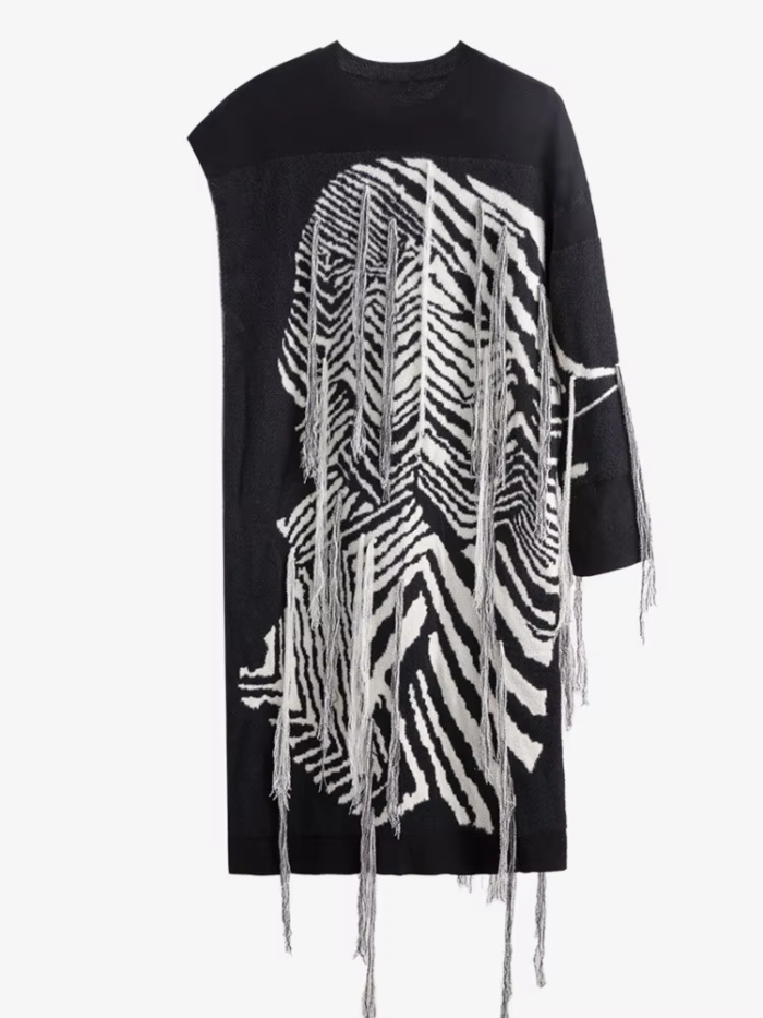 Fashion Women's Knitted Dress O-neck Single Sleeve Asymmetric Tassel Decorate Ankle-length Dresses Autumn  SG592