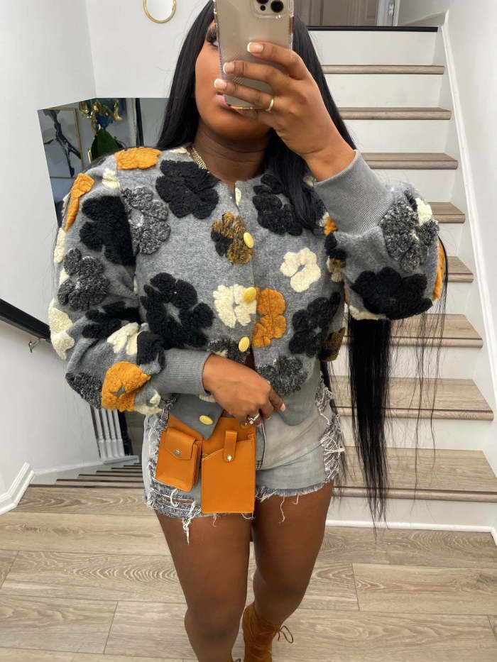 DEAT Fashion Women's Jacket Round Neck Loose Single Breasted Long Sleeve Retro 3D Flowers Short Coat Autumn 2024 New 7AB5234