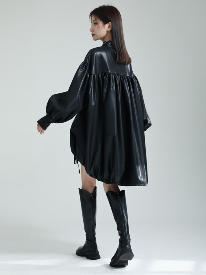 [EAM] Women Green Pu Leather Drawstring Big Size T-shirt New Turtleneck Long Sleeve Fashion Tide Spring Autumn 2024 1DH1358
