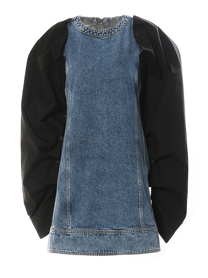 DEAT Fashion Women Denim Dress O-neck Detachable Pile Up Sleeve Contrast Color Zipper Slim Mini Dresses Summer 2024 New 17A8518
