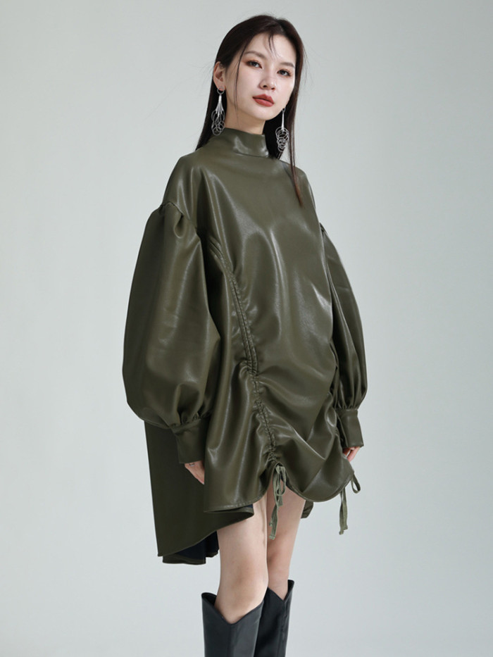 [EAM] Women Green Pu Leather Drawstring Big Size T-shirt New Turtleneck Long Sleeve Fashion Tide Spring Autumn 2024 1DH1358