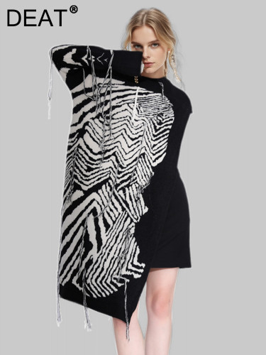 Fashion Women's Knitted Dress O-neck Single Sleeve Asymmetric Tassel Decorate Ankle-length Dresses Autumn  SG592