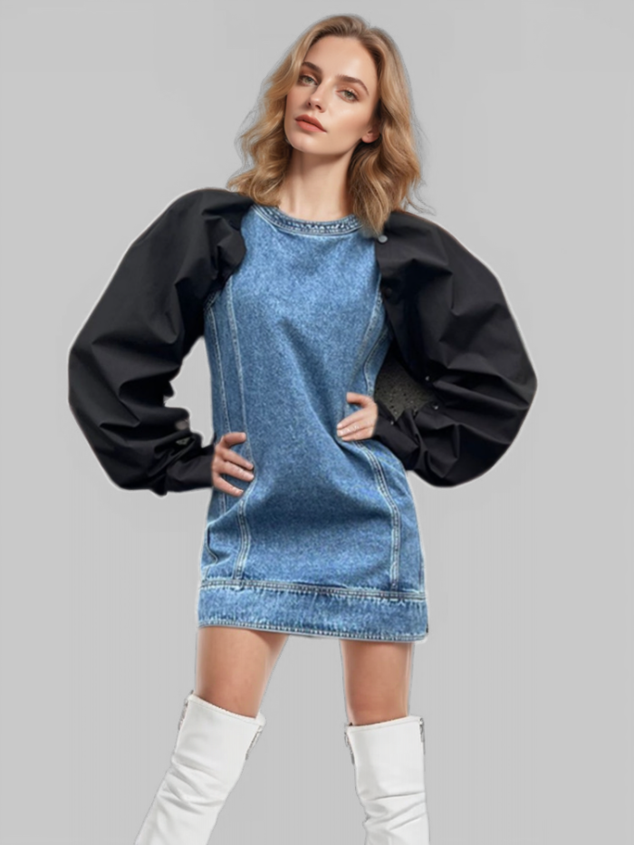 DEAT Fashion Women Denim Dress O-neck Detachable Pile Up Sleeve Contrast Color Zipper Slim Mini Dresses Summer 2024 New 17A8518