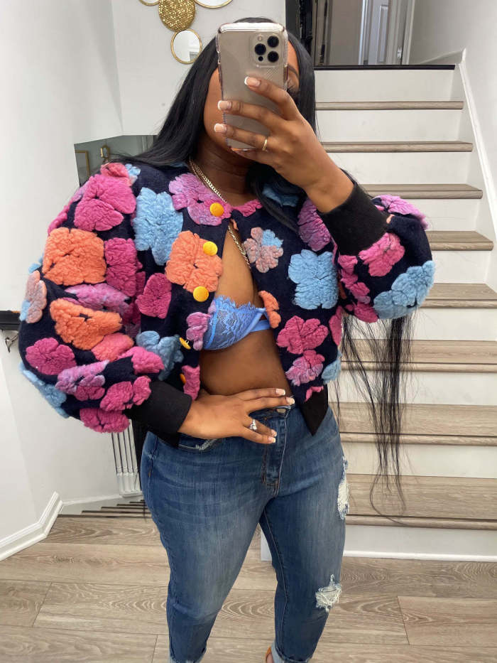 DEAT Fashion Women's Jacket Round Neck Loose Single Breasted Long Sleeve Retro 3D Flowers Short Coat Autumn 2024 New 7AB5234