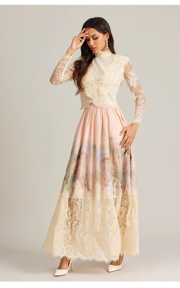 {EAM} Australian niche holiday fairy dress high-end custom lace patchwork backless oil printing spring and autumn dress DLZ055