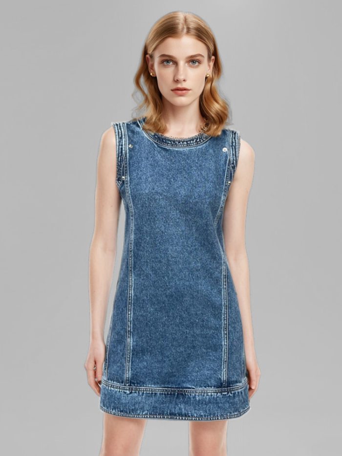 DEAT Fashion Women Denim Dress O-neck Detachable Pile Up Sleeve Contrast Color Zipper Slim Mini Dresses Summer 2024 New 17A8518