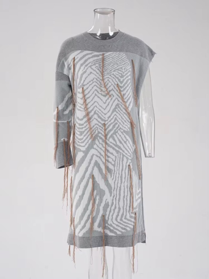 Fashion Women's Knitted Dress O-neck Single Sleeve Asymmetric Tassel Decorate Ankle-length Dresses Autumn  SG592