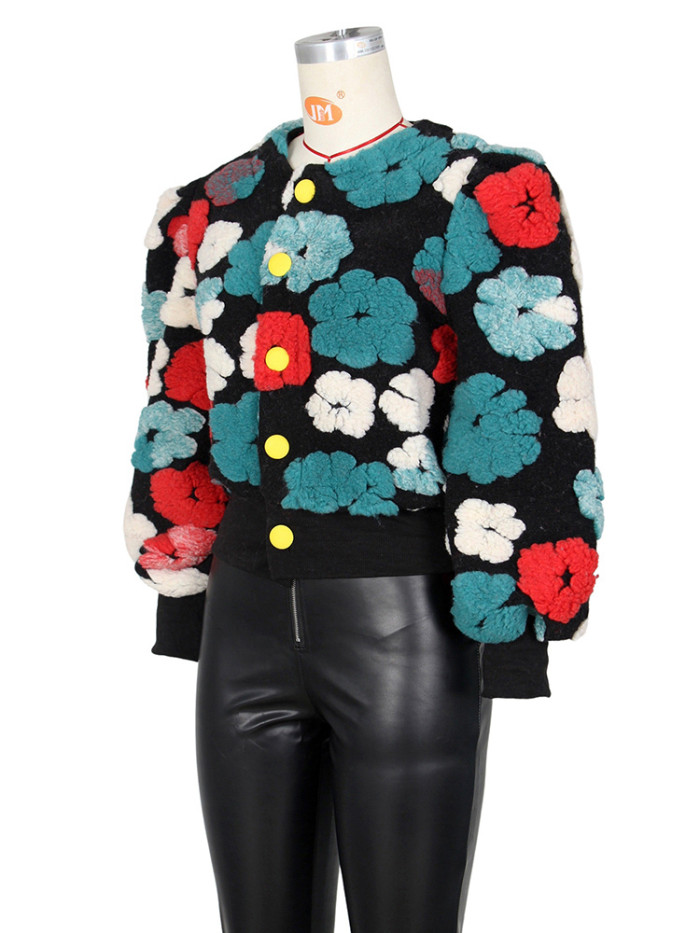 DEAT Fashion Women's Jacket Round Neck Loose Single Breasted Long Sleeve Retro 3D Flowers Short Coat Autumn 2024 New 7AB5234