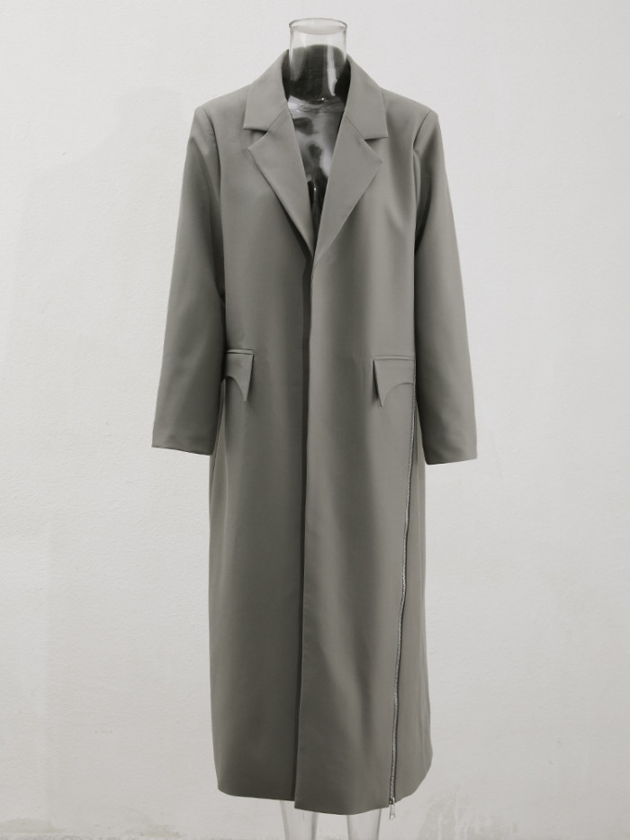 {EAM} Fashion Women's Side Zipper Long Blazer Notched Collar Loose Open-stitch Long Sleeve Suit Jackets Autumn New 2024 New CPDB169