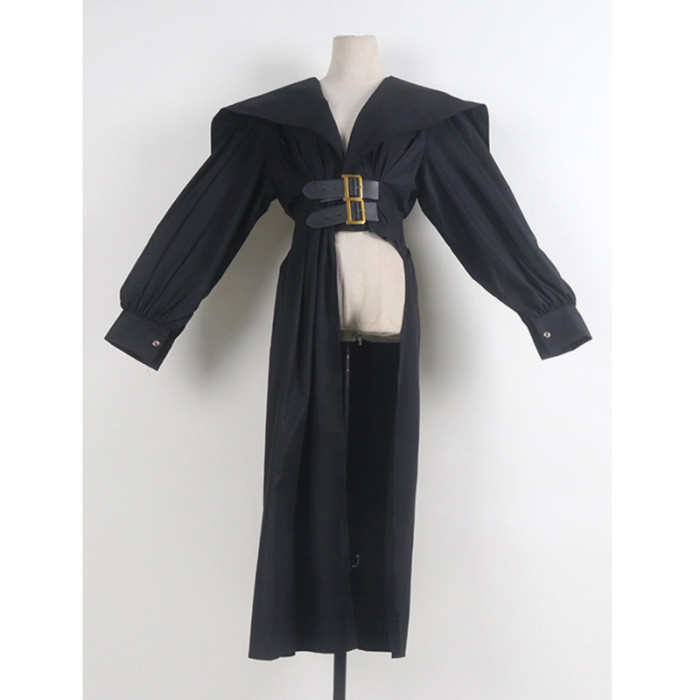 [EAM] Women Black Irregular Shirt Dress New Lapel Lartern Long Sleeve Belt Waist Loose Fashion Tide Spring Autumn 2024 1DH2257