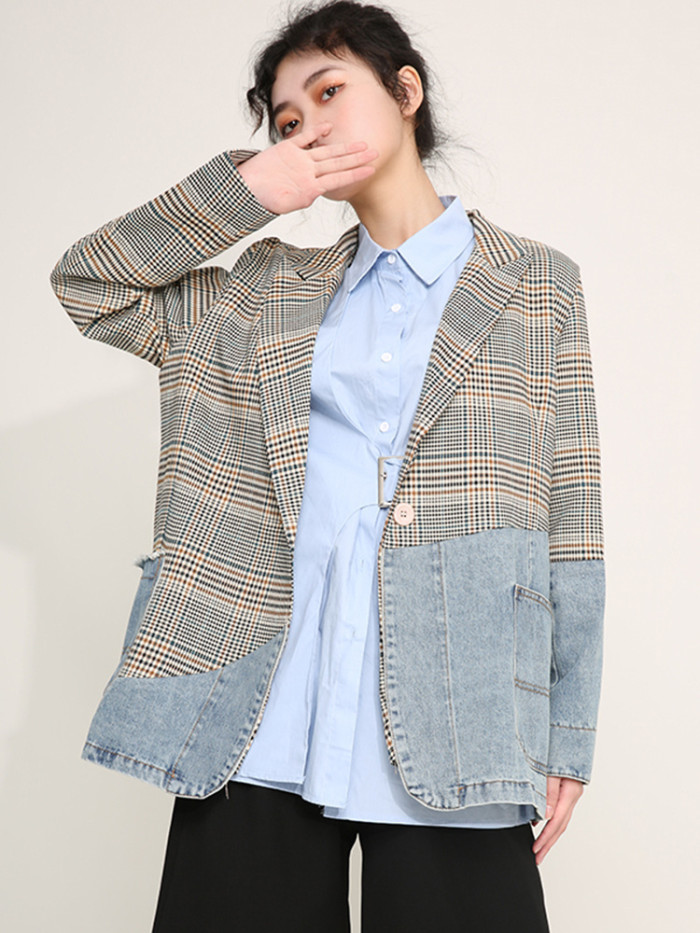 {EAM} Women Blue Plaid Denim Big Size Blazer New Lapel Long Sleeve Loose Fit  Jacket Fashion Tide Spring Autumn DLZ64