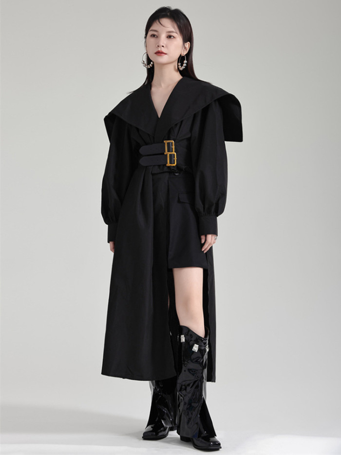 [EAM] Women Black Irregular Shirt Dress New Lapel Lartern Long Sleeve Belt Waist Loose Fashion Tide Spring Autumn 2024 1DH2257
