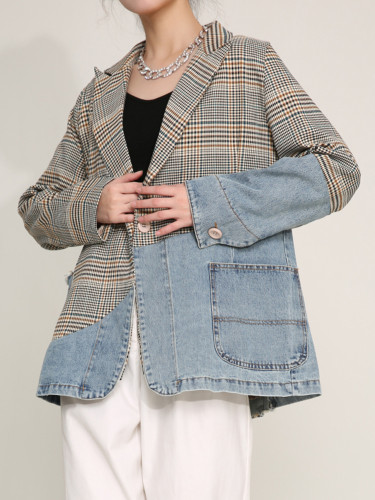 {EAM} Women Blue Plaid Denim Big Size Blazer New Lapel Long Sleeve Loose Fit  Jacket Fashion Tide Spring Autumn DLZ64