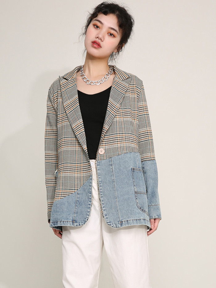 {EAM} Women Blue Plaid Denim Big Size Blazer New Lapel Long Sleeve Loose Fit  Jacket Fashion Tide Spring Autumn DLZ64