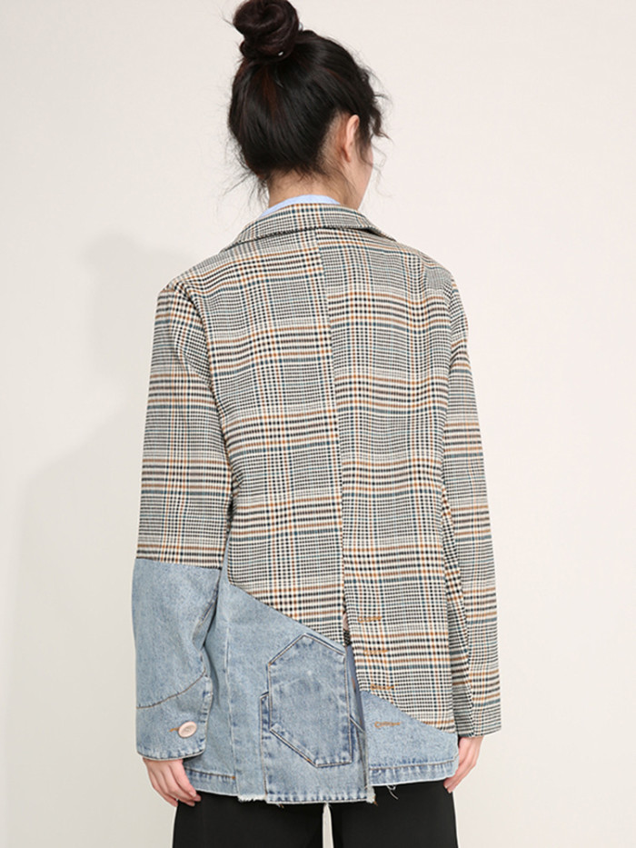 {EAM} Women Blue Plaid Denim Big Size Blazer New Lapel Long Sleeve Loose Fit  Jacket Fashion Tide Spring Autumn DLZ64