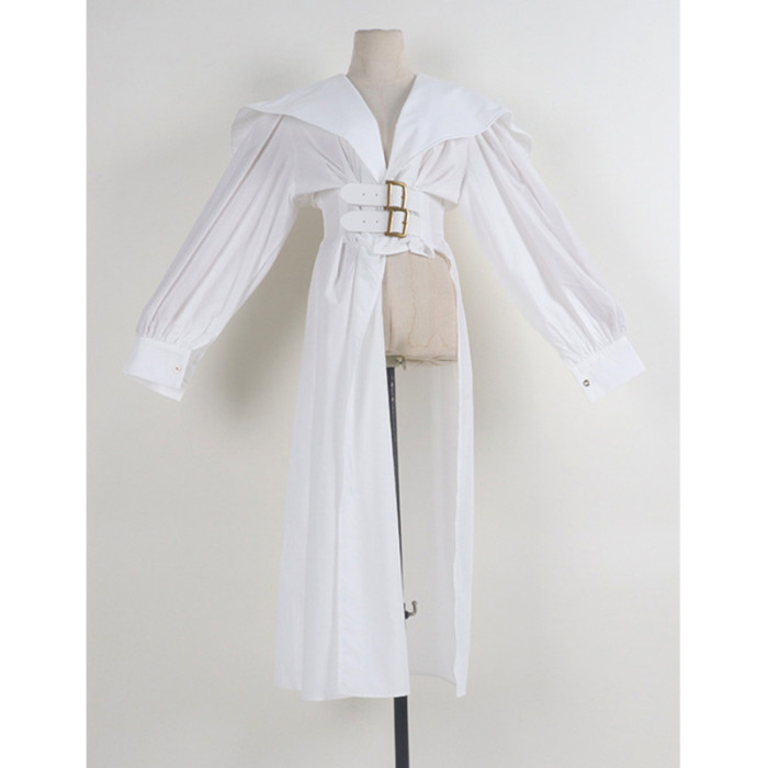 [EAM] Women Black Irregular Shirt Dress New Lapel Lartern Long Sleeve Belt Waist Loose Fashion Tide Spring Autumn 2024 1DH2257