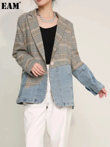 {EAM} Women Blue Plaid Denim Big Size Blazer New Lapel Long Sleeve Loose Fit  Jacket Fashion Tide Spring Autumn DLZ64