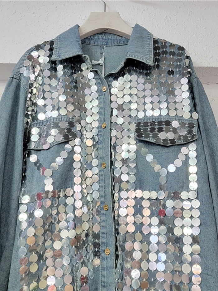 {EAM} Women's Denim Shirt Loose Patchwork Full Sequins Single Breasted Blue Long Sleeve Blouse 2024 Autumn New Fashion DLZ72