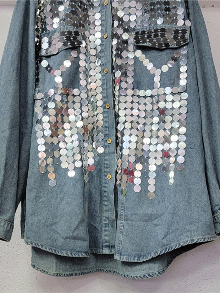 {EAM} Women's Denim Shirt Loose Patchwork Full Sequins Single Breasted Blue Long Sleeve Blouse 2024 Autumn New Fashion DLZ72