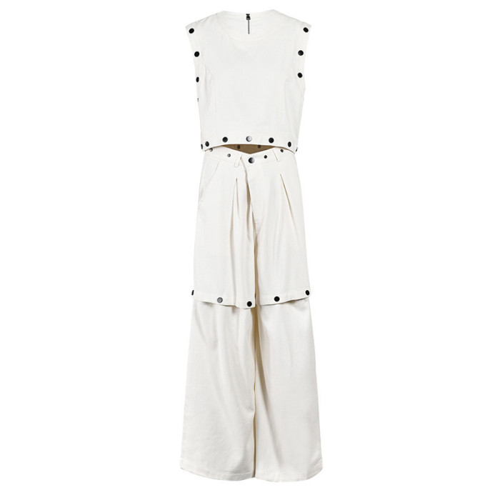 EAM Two Piece Suit Wide Leg Pants Button Vest Big Size New Round Neck Sleeve Women Fashion Tide Spring Summer 2024 CPG0042
