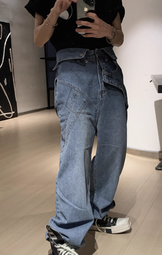 {EAM}Fake two jeans American high street straight leg niche design sense suspenders  ZH1001