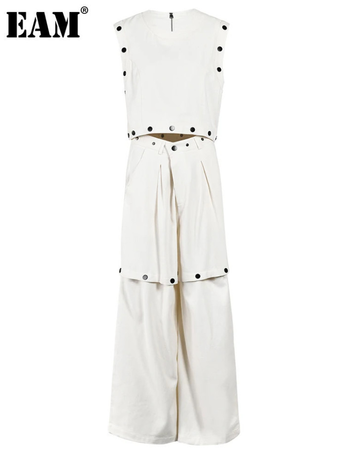 EAM Two Piece Suit Wide Leg Pants Button Vest Big Size New Round Neck Sleeve Women Fashion Tide Spring Summer 2024 CPG0042