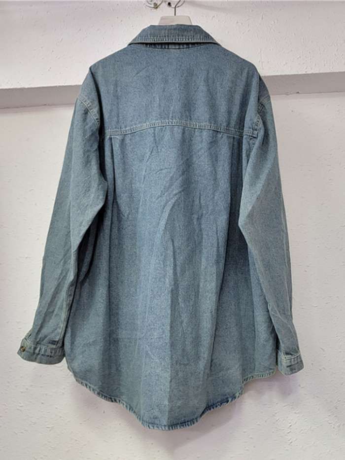 {EAM} Women's Denim Shirt Loose Patchwork Full Sequins Single Breasted Blue Long Sleeve Blouse 2024 Autumn New Fashion DLZ72
