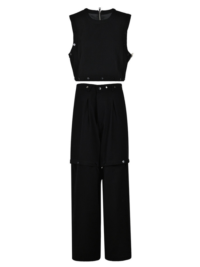 EAM Two Piece Suit Wide Leg Pants Button Vest Big Size New Round Neck Sleeve Women Fashion Tide Spring Summer 2024 CPG0042