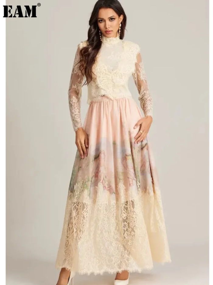 {EAM} Australian niche holiday fairy dress high-end custom lace patchwork backless oil printing spring and autumn dress DLZ055
