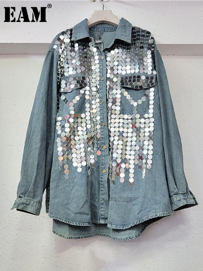 {EAM} Women's Denim Shirt Loose Patchwork Full Sequins Single Breasted Blue Long Sleeve Blouse 2024 Autumn New Fashion DLZ72
