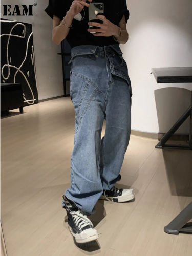 {EAM}Fake two jeans American high street straight leg niche design sense suspenders  ZH1001