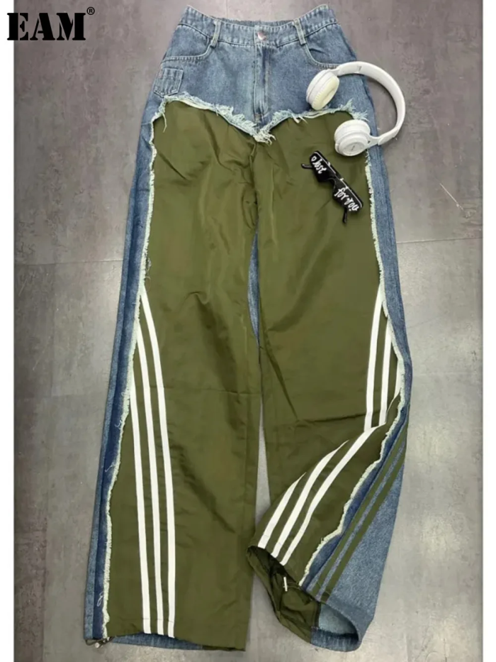 {EAM} European jeans women 2024 autumn new design sense splicing three straight bars straight pants hem drawstring cargo pants DLZ028