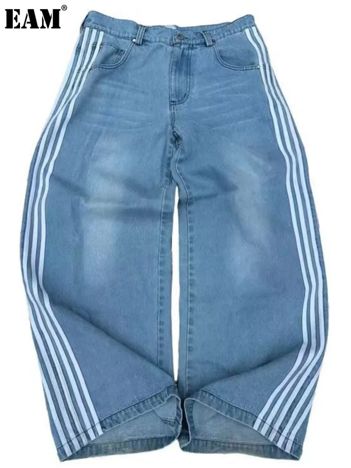 {EAM} American retro street three bar jeans men spring and autumn loose casual all straight leg wide leg mop trousers DLZ006