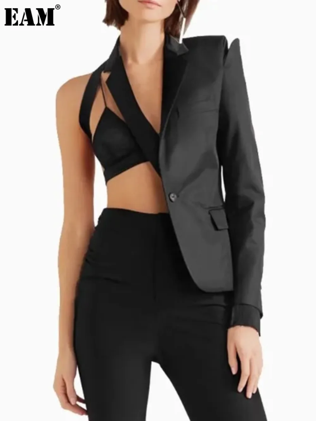 {EAM} Solid color niche 2024 slim street long sleeve spring women's splicing design suit DLZ027