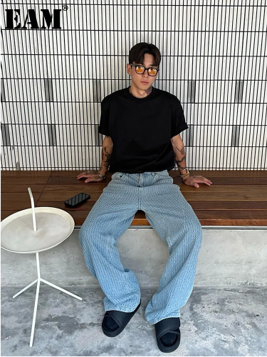 {EAM} Men's Vintage High Street Texture Premium Straight Leg Wide Loose Jeans Fashion Streetwear Korean Popular Leisure Trousers DLZ73