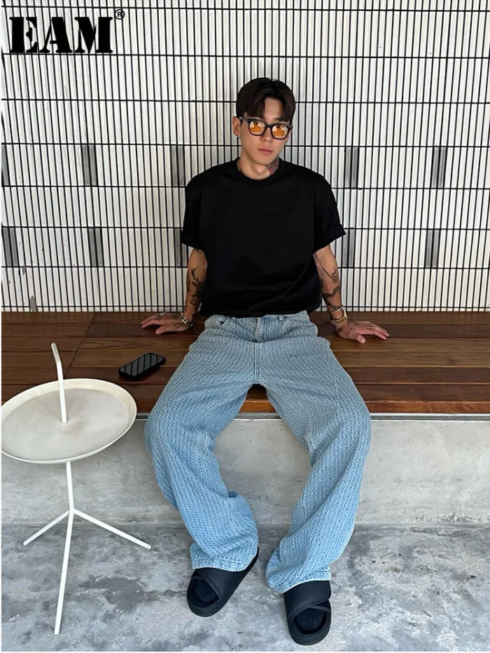 {EAM} Men's Vintage High Street Texture Premium Straight Leg Wide Loose Jeans Fashion Streetwear Korean Popular Leisure Trousers DLZ73