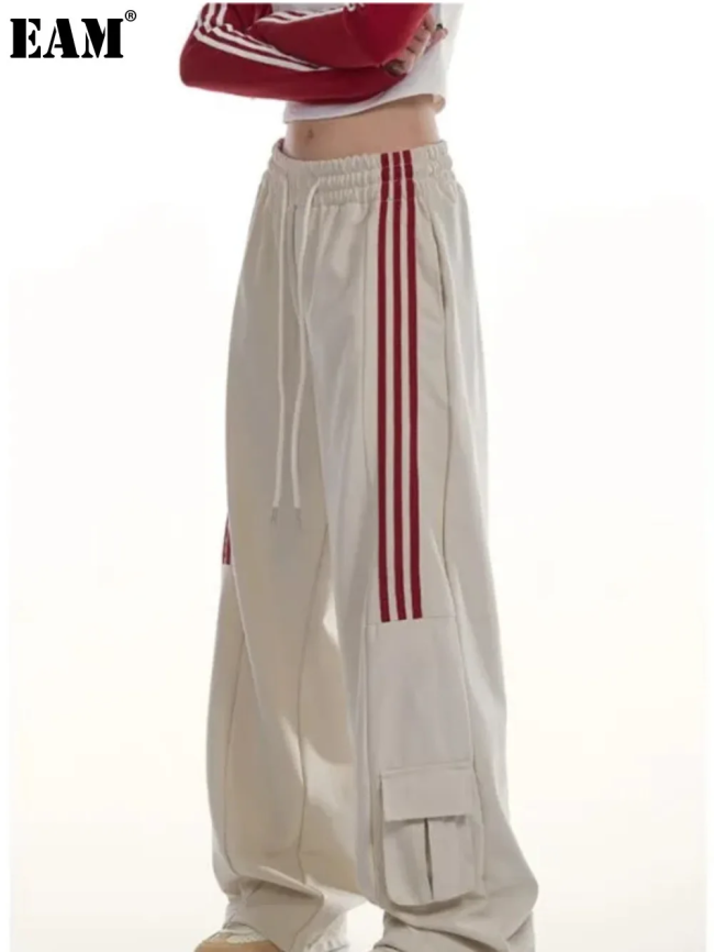 {EAM} American casual sports sweatpants women spring and autumn winter tide brand retro three bars hiphop vertical cargo pants DLZ035