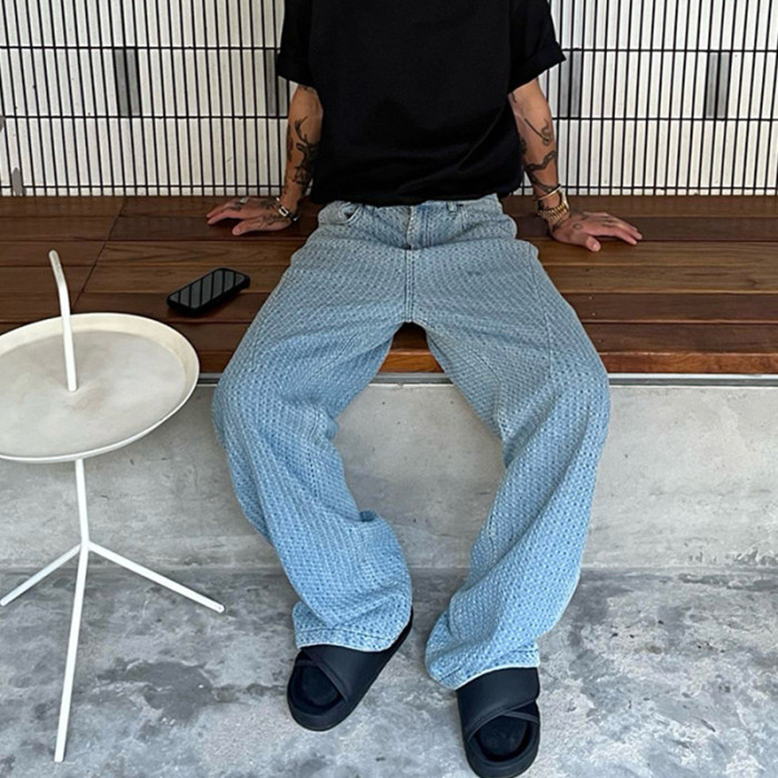 {EAM} Men's Vintage High Street Texture Premium Straight Leg Wide Loose Jeans Fashion Streetwear Korean Popular Leisure Trousers DLZ73