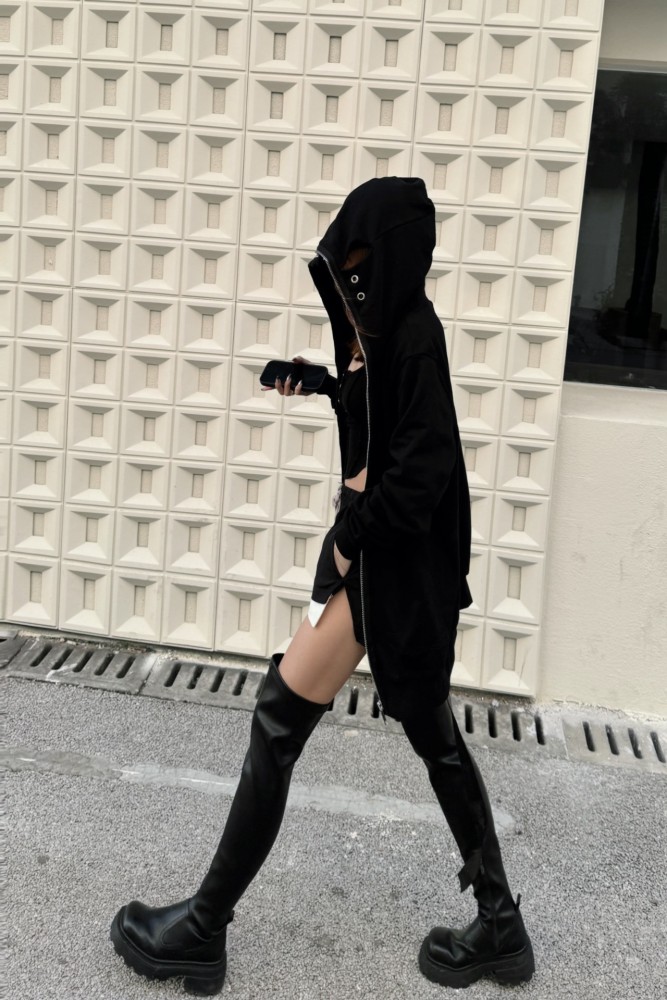 {EAM} Shark shape breathable corns with all-in-one hooded zipper knit hoodie jacket DLZ67