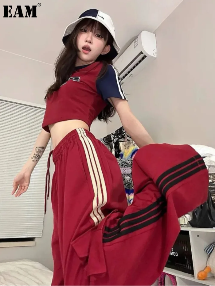 {EAM} American high street overalls women spring summer 2024 new red three straight bars loose movement wide slacks DLZ036