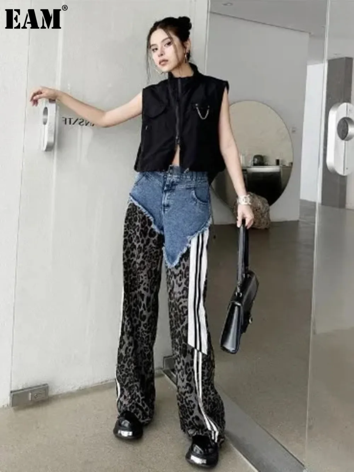 {EAM} Street spice girls in Europe and the United States color splicing leopard print high-waisted jeans summer new loose everything fashion casual pants DLZ030