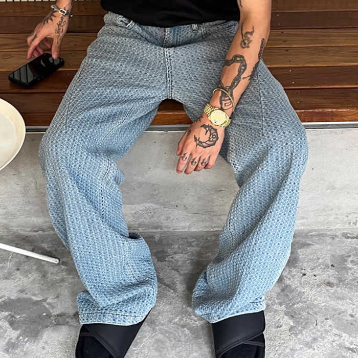 {EAM} Men's Vintage High Street Texture Premium Straight Leg Wide Loose Jeans Fashion Streetwear Korean Popular Leisure Trousers DLZ73