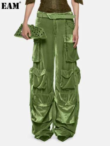 {EAM} American patchwork multi-pocket high-waisted cargo pants tide 2024 new fashion personality design sense of casual pants for women DLZ033